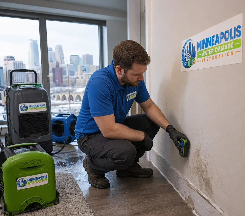 Technician checking moisture near a baseboard while drying equipment runs in a Minneapolis home