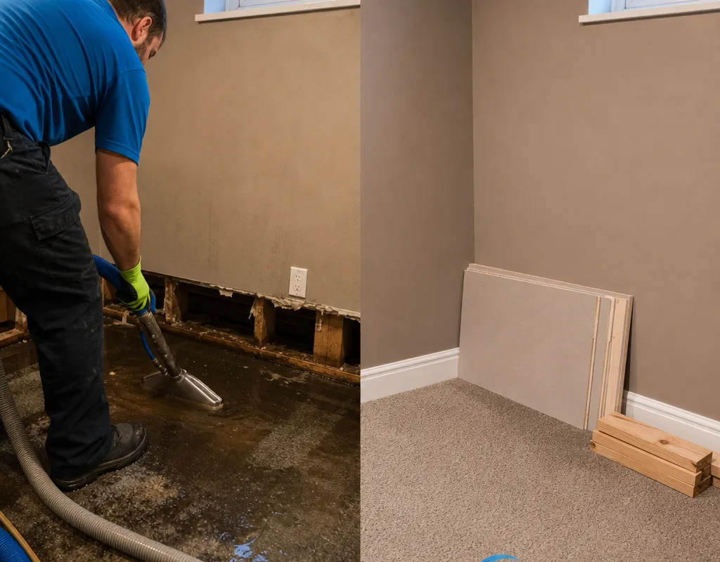 Before-and-after view of a flooded finished basement corner followed by the dry area ready for repair