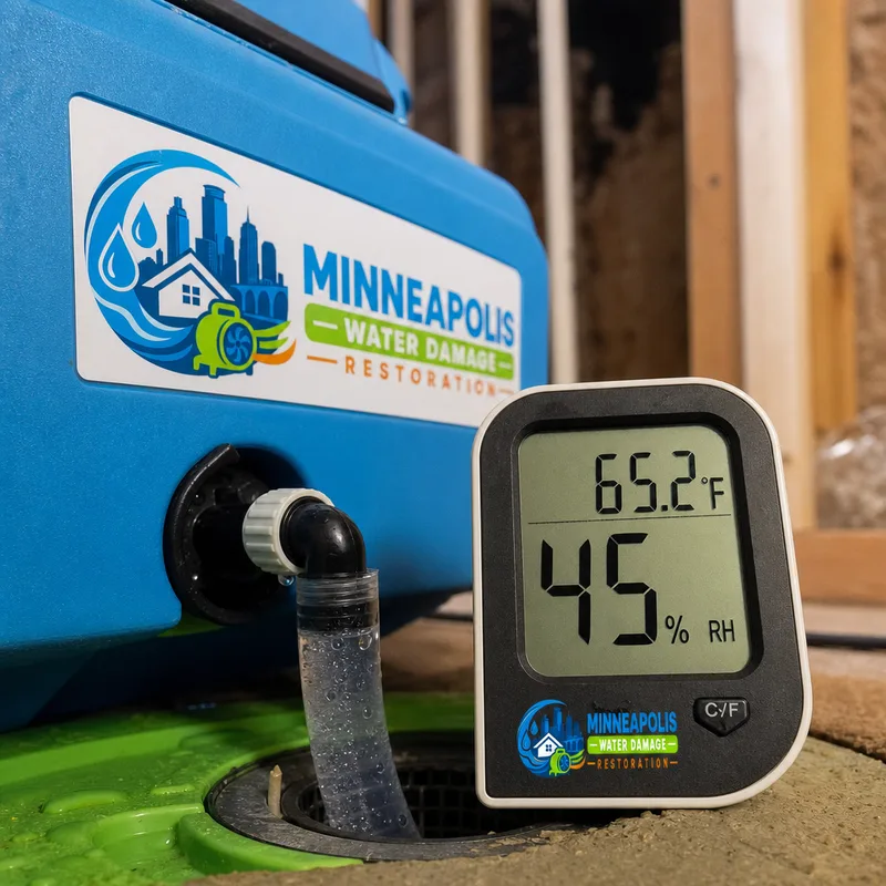 Dehumidifier drain setup and hygrometer readings documenting structural drying conditions