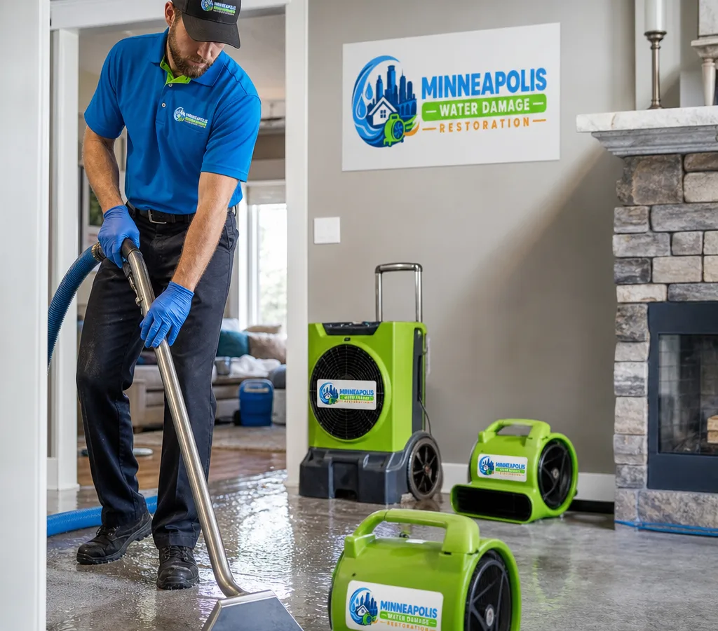 Technician in protective gear extracting water from a wet floor in a Minneapolis home with air movers nearby