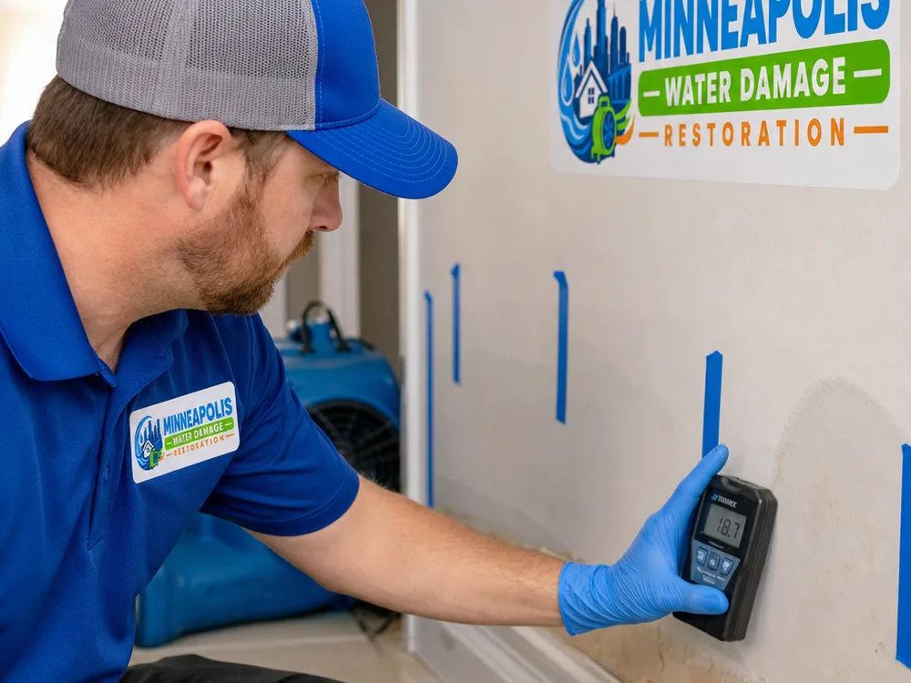 Moisture meter readings on baseboards and drywall with mapped wet areas marked for drying verification