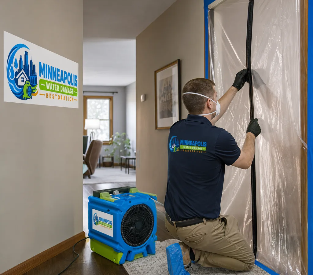 Technician in protective gear setting up plastic containment and a HEPA air scrubber in a Minneapolis home hallway outside an affected room
