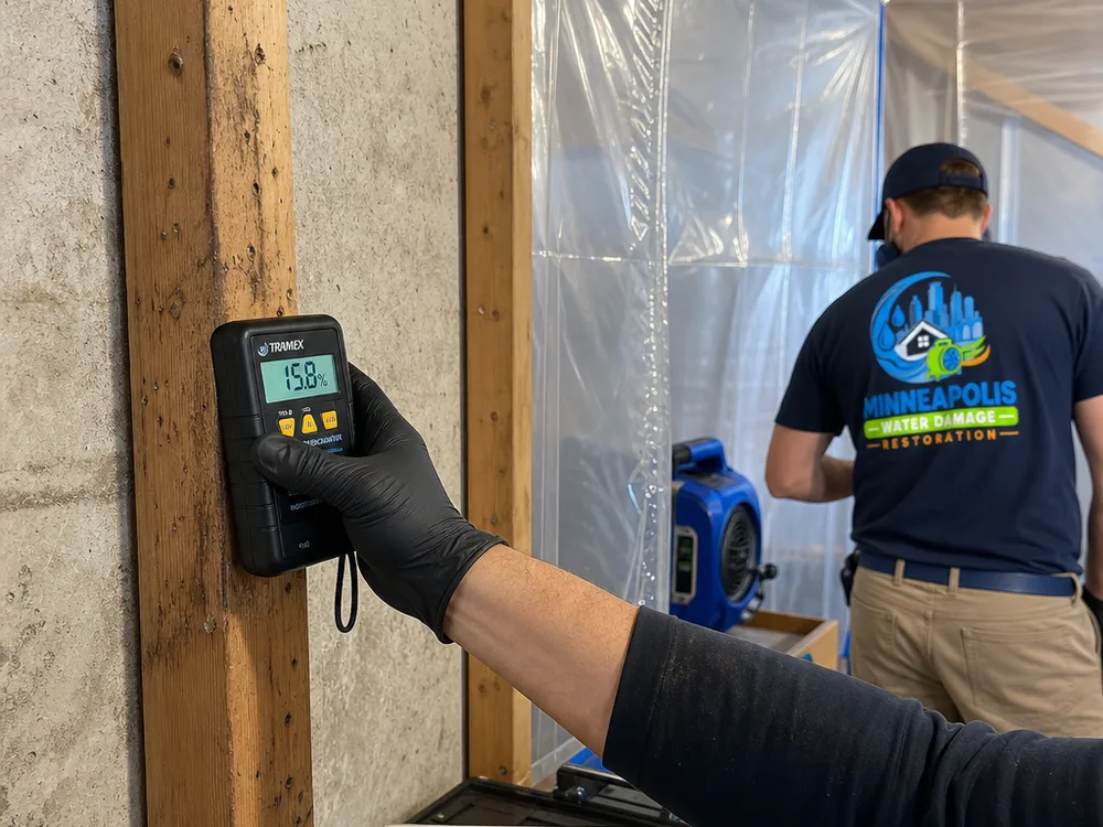 Moisture meter reading on a basement wall stud next to removed drywall with plastic containment in the background