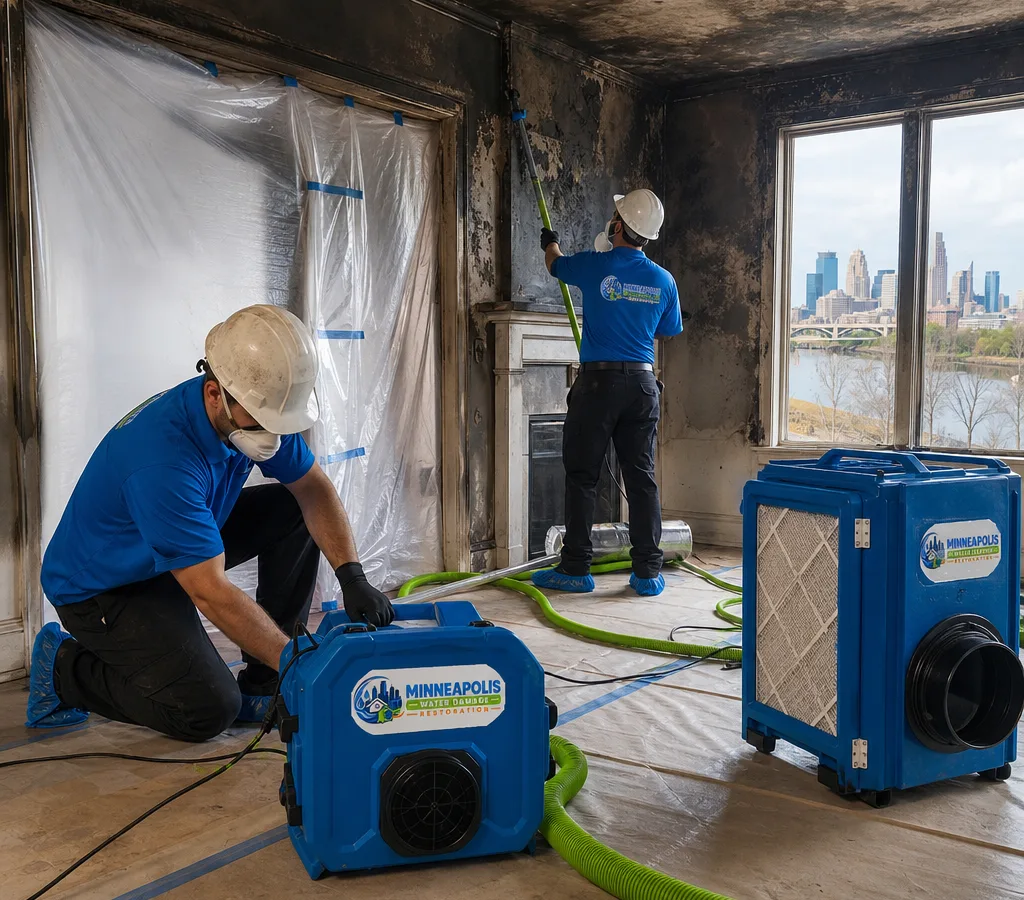 Restoration technicians staging HEPA air scrubbers and containment in a fire-damaged Minneapolis living room