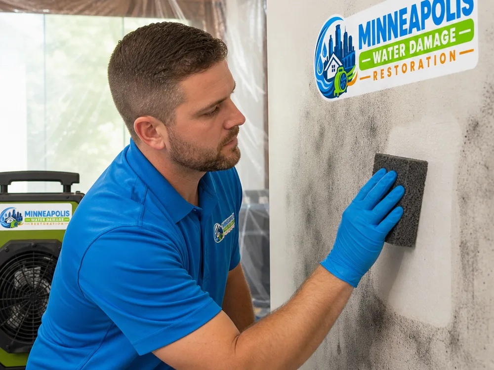 Technician cleaning soot from a wall with containment and a HEPA air scrubber in the background