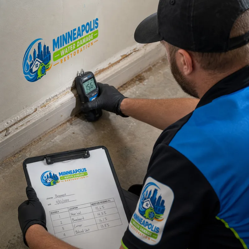 Technician documenting moisture readings along a basement baseboard and drywall seam