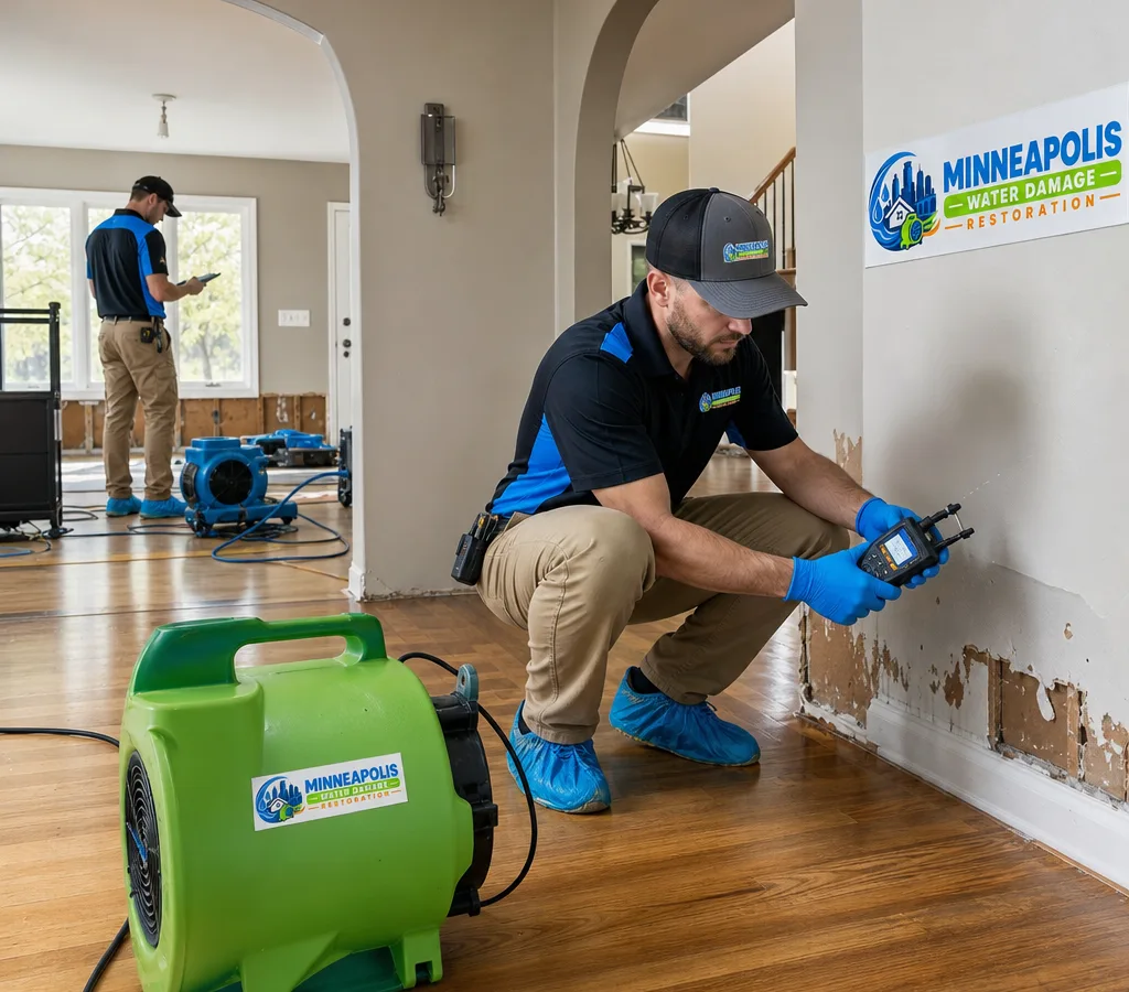 Restoration crew assessing a Minneapolis home with a moisture meter and air movers staged nearby