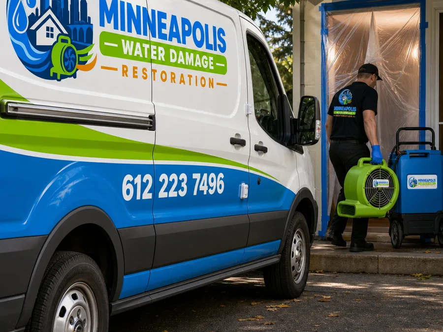 Technician setting up air movers and a dehumidifier with floor protection and safe cord management