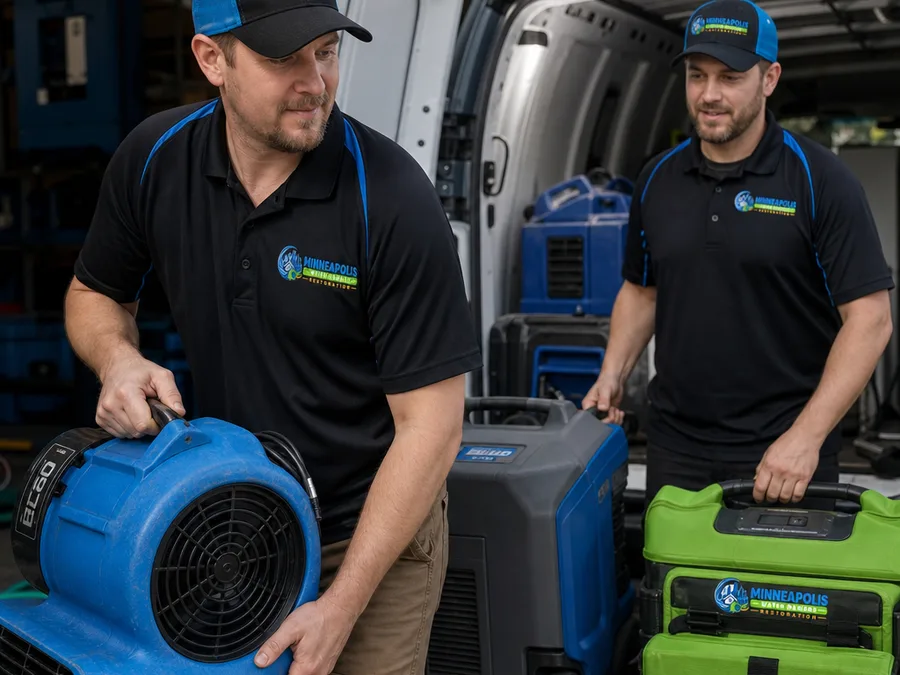 Two-person restoration team loading drying and moisture-testing equipment into a service vehicle